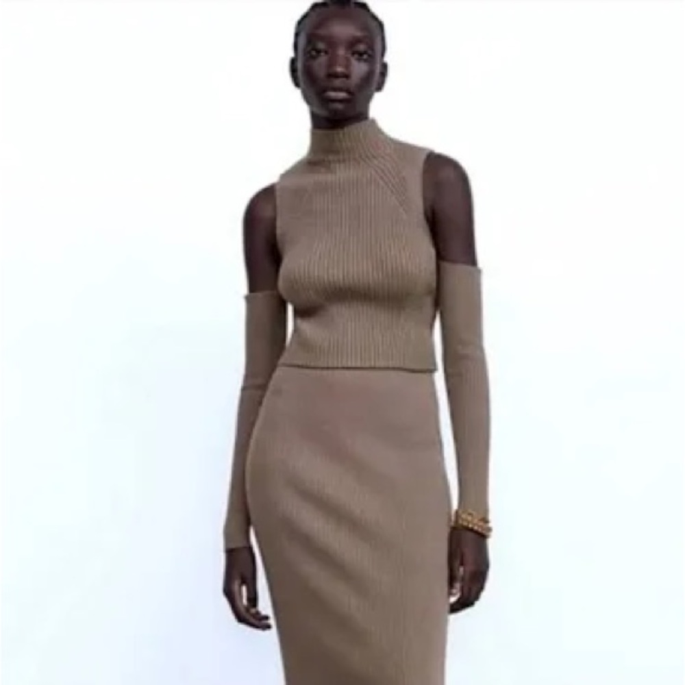 Zara Cold Shoulder Mock Neck Knit Top, Taupe